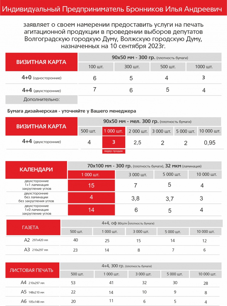 Уведомление ИП Бронников о готовности изготавливать агитационные материалы