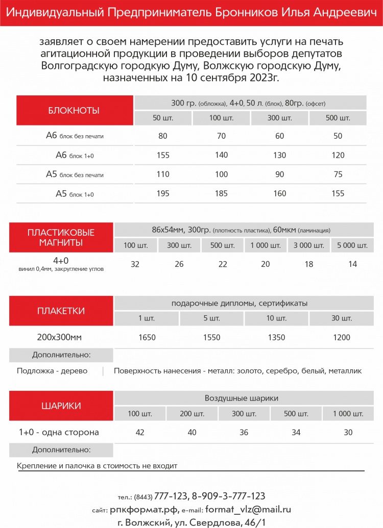 Уведомление ИП Бронников о готовности изготавливать агитационные материалы