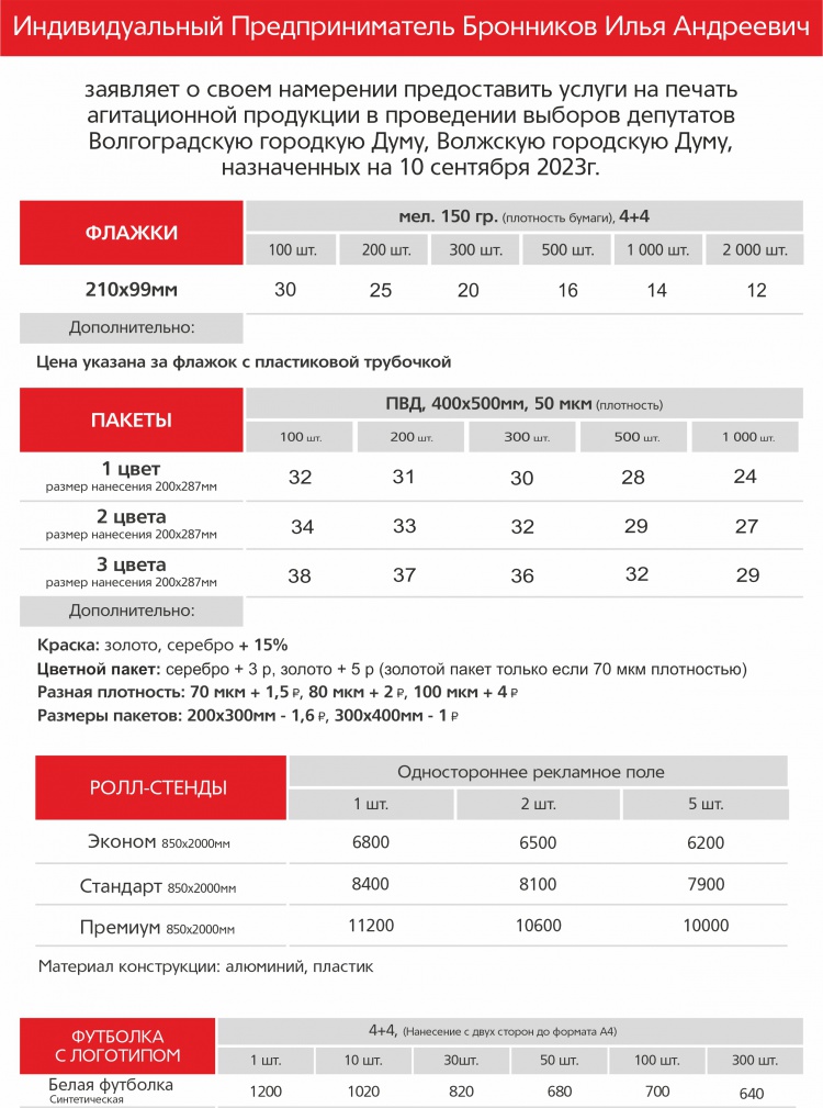 Уведомление ИП Бронников о готовности изготавливать агитационные материалы