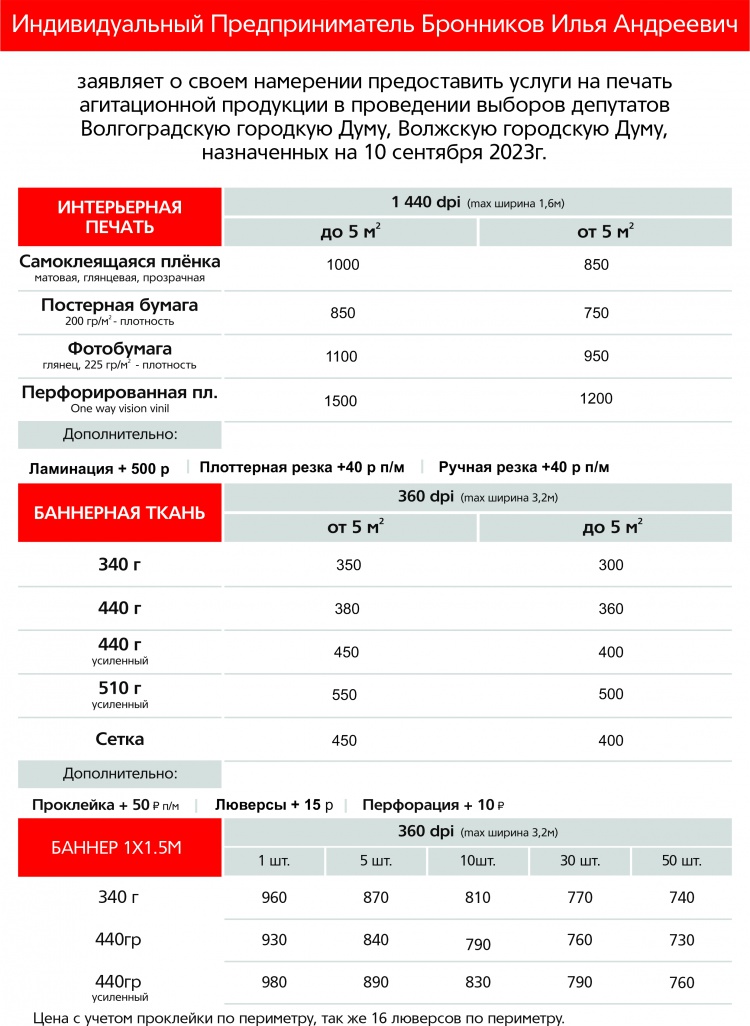 Уведомление ИП Бронников о готовности изготавливать агитационные материалы
