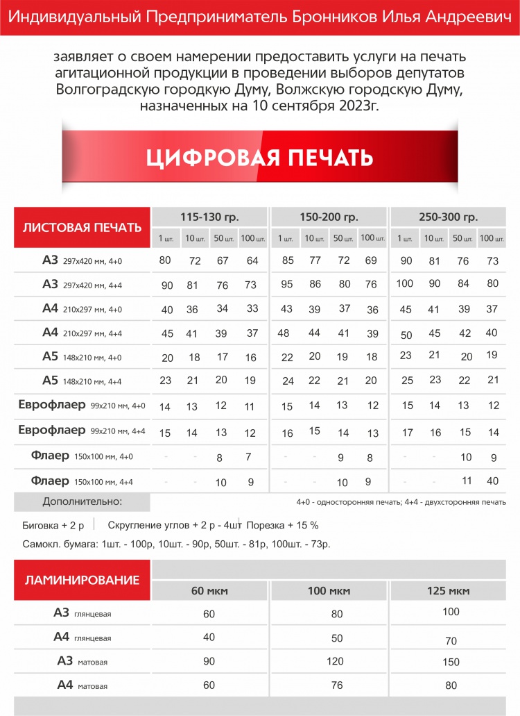 Уведомление ИП Бронников о готовности изготавливать агитационные материалы