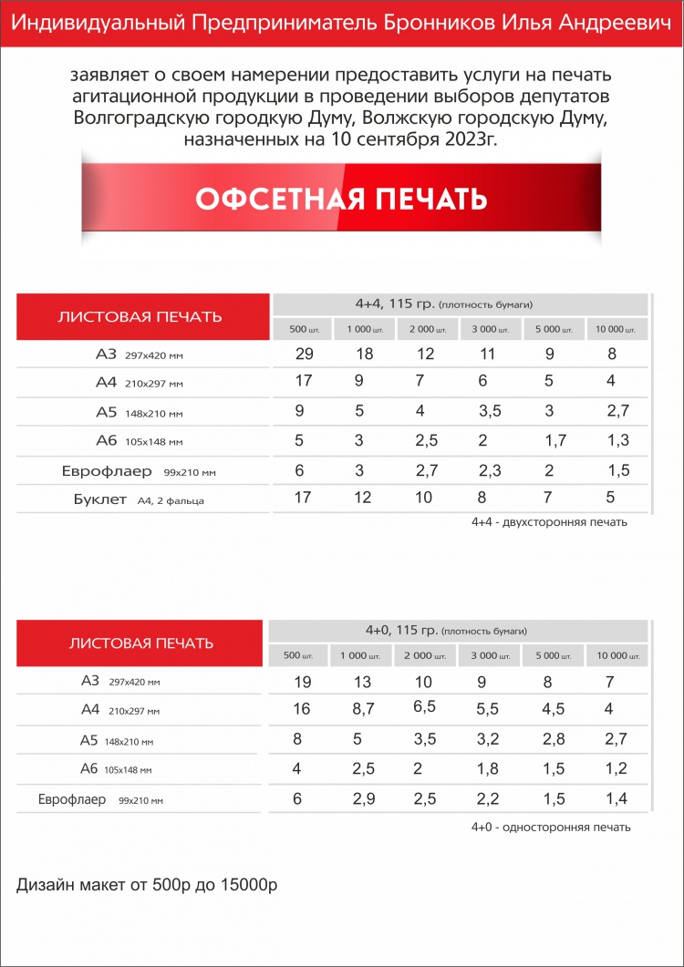 Уведомление ИП Бронников о готовности изготавливать агитационные материалы